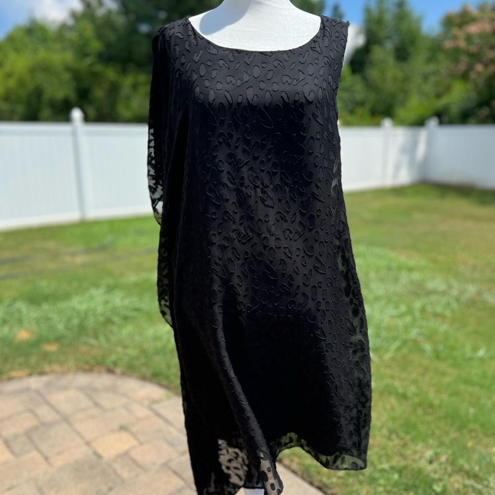 Thalia Sodi Elegant Black Asymmetrical Dress w/Sheer Textured Overlay Sz Large